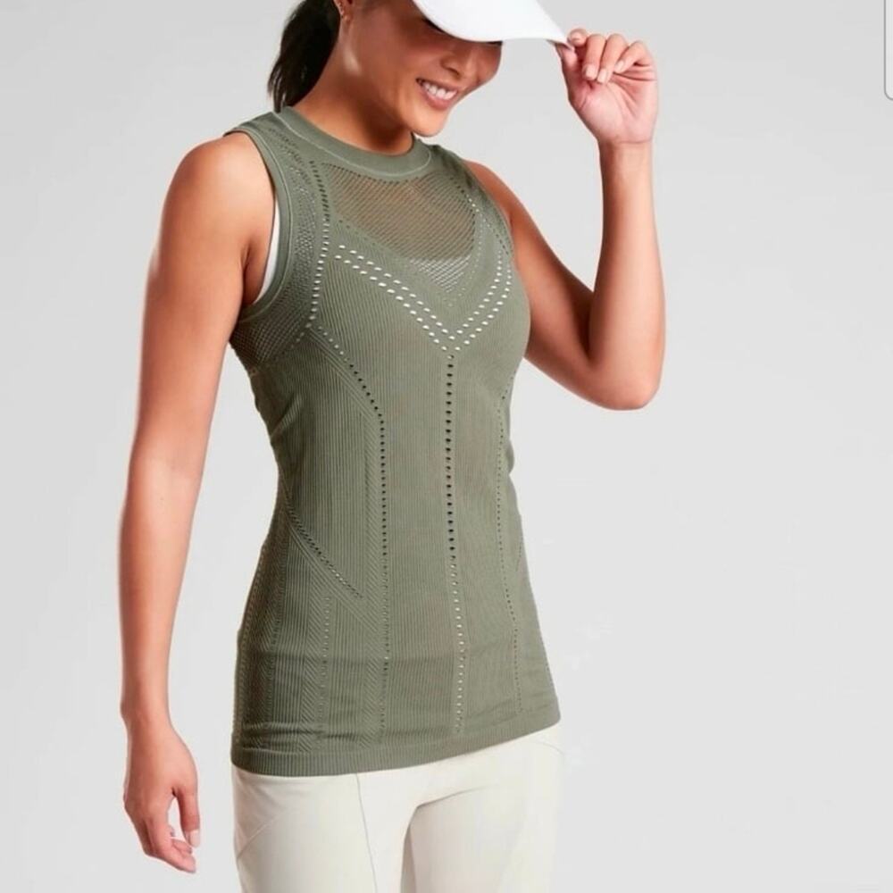 Athleta Seamless Mesh Tank Top Olive Green Sleeveless Athletic Workout XS